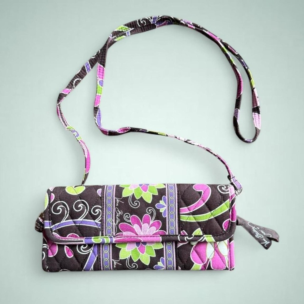 Vera Bradley Floral Quilted Crossbody Wallet Bag Brown Pink Green